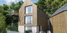 Cormorant Development Sandpiper house, wooden cladding and large glass windows.