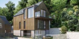 Cormorant Development Sea Osprey house wooden cladding and large glass windows and balcony,