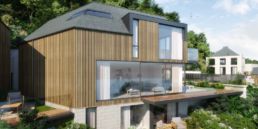 Cormorant development Turnstone House. wooden cladding and large glass windows.