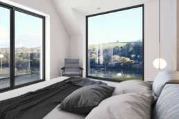 CGI of a luxury bedroom overlooking the Fowey River