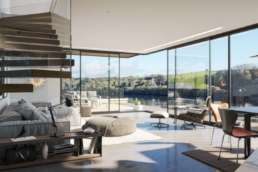 CGI interior of a luxury property showing lounge area with view of Fowey estuary